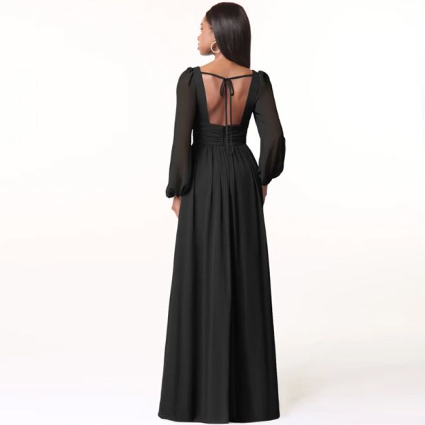 Charming OEM Chiffon Long Bridesmaid Dress A-Line V-Neck Long Sleeves Front Split Slit Backless Ruffles