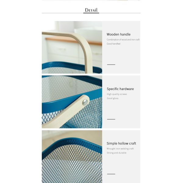 Household 5L White Wire Storage Basket With Wooden Handle 5KG Load