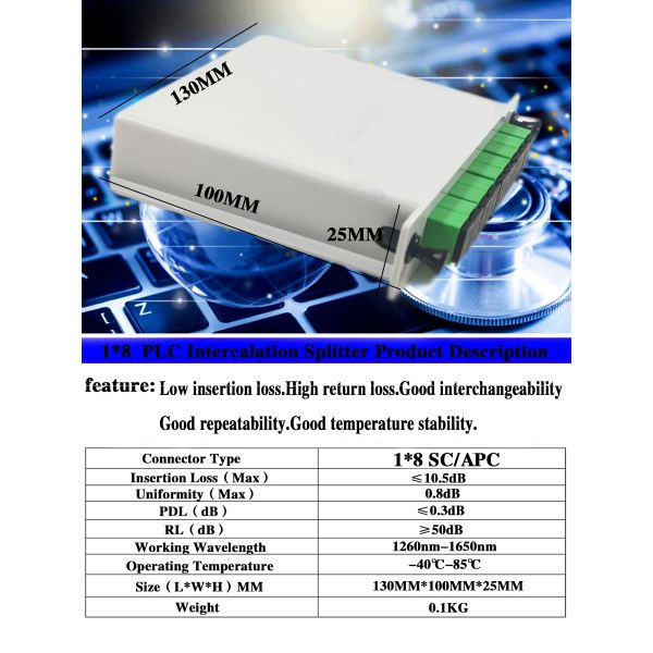 PLC Fiber Splitter 1x8 SC APC 1260-1650nm 0.9mm 2.0mm Low Insertion Loss