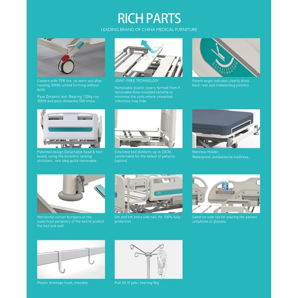 Factory Metal Multifunction Folding Medical Furniture Icu Patient Nursing Adjustable Electric Hospital Bed With Casters