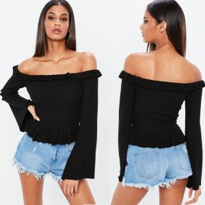 China Spring Black Frill Knit Woman Crop Top Clothing Tops on sale