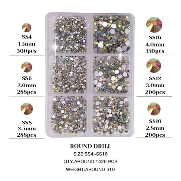 Nail SPA 6 Grid Mix Flat Bottomed Glass Shaped Drill Crystal Multi Shape Glass Diamonds