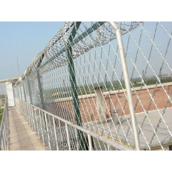 The galvanized welded razor fences are installed at the top of prison wall.