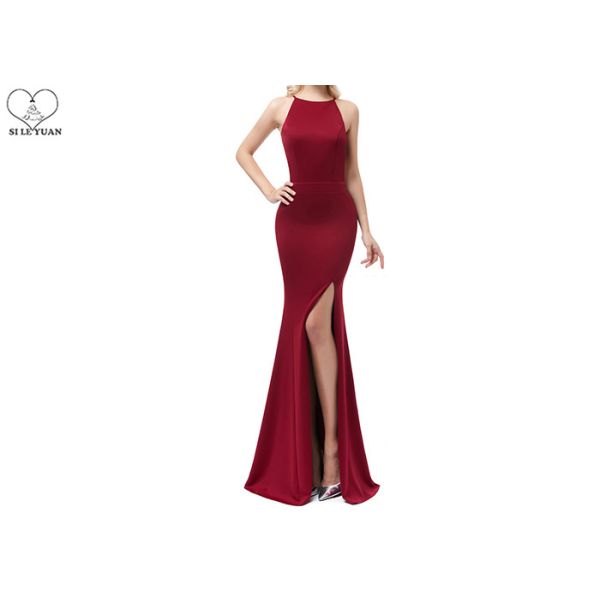 Buy Mermaid Wedding Bridesmaid Dresses Floor Length High Slit Wine Elastic Fabric at wholesale prices