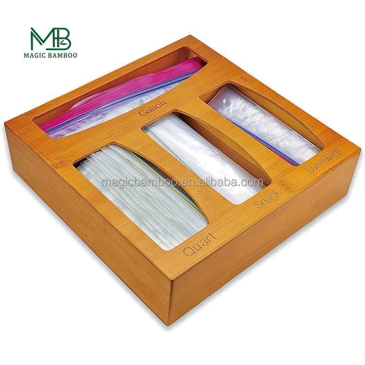Bamboo Ziplock Bag Storage Organizer Natural Bamboo Plastic Wrap Storage And Dispenser