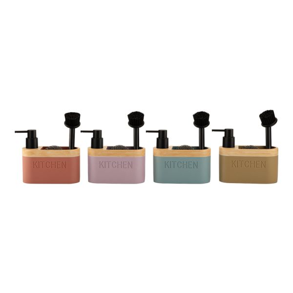 3N1 Sand stone Kitchen Soap Dispenser with black cleaning ball and S/S brush and " Kitchen" debossed on body and fauxwood top hand wash dispenser
