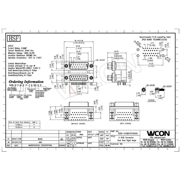 D type two part with fork Right Angle Dual Row D Sub Connector PBT black 15 Pin wcon ROHS