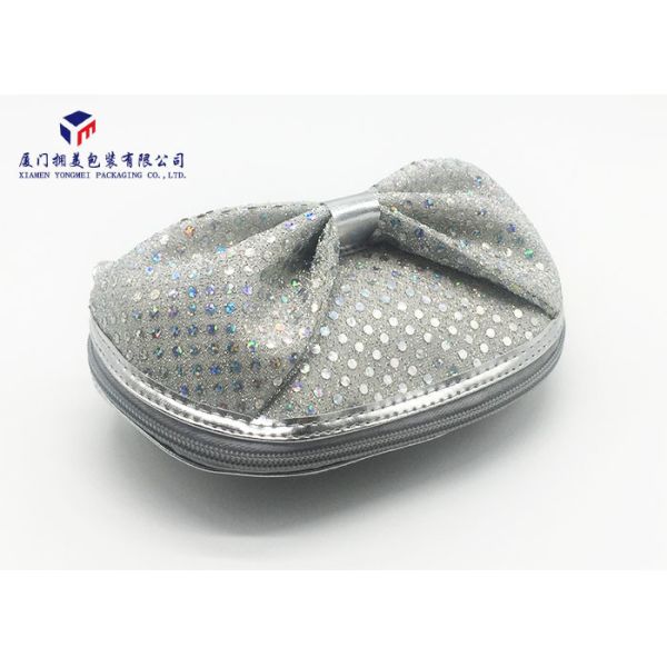 Silver Sequins On Bag Big Bowknot On Front Side Fabric Makeup Bag 20.5X7.5X17.5cm
