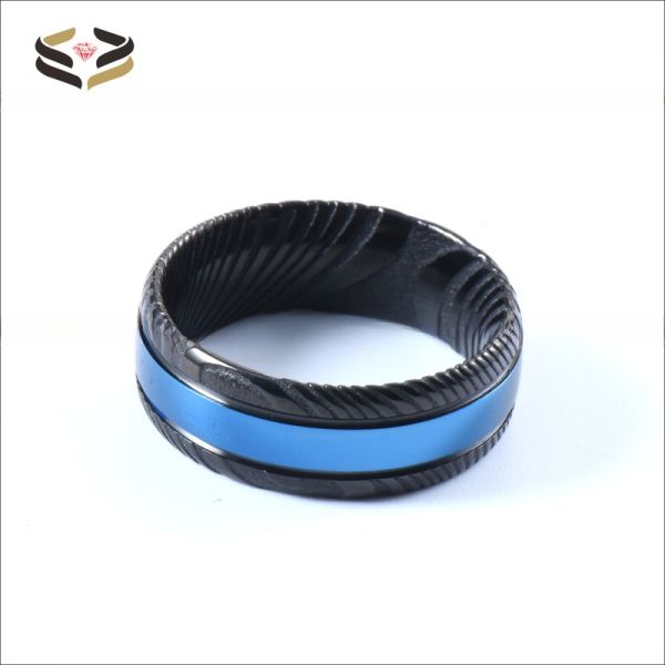 Third Party Appraisal Men Fashion Jewelry 8mm Black Blue Damascus Steel Ring Double Black Grooved Wedding Band with Logo