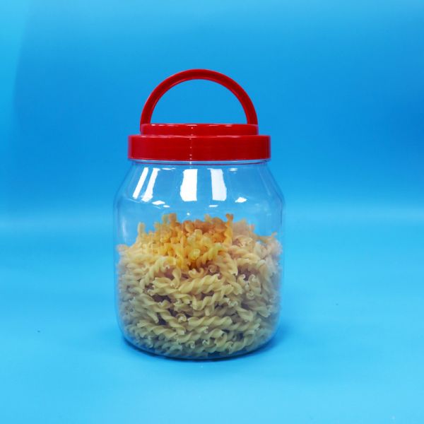 Buy Candy Cookie Wide Mouth PET Food Grade Transparent Cylindrical Jar Screw Red Lid at wholesale prices