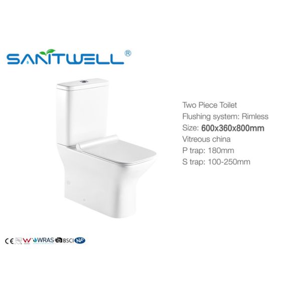 Floor Standing Close Coupled Toilet Rimless Two Piece Ceramic Material