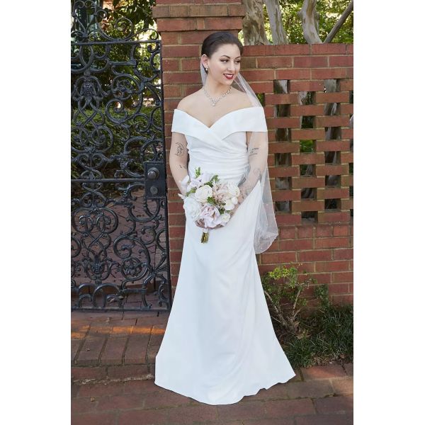 Simply Elegant V-neck Customized Size Zipper Ruffles Off-the-shoulder Sheath White Satin Wedding Dress