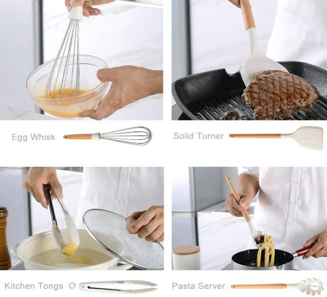 11 Pieces heat resistant Silicone Kitchen Utensil Sets With Holder,Wooden Handle