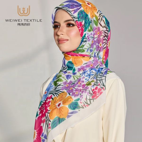 Wholesalers Flower Malaysia Custom Soft Digital Printed Voile square 115*115cm Islamic Muslim Hijab Cotton Voile Scarf for Woman