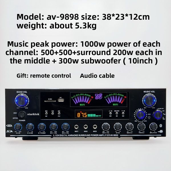 AV-9898 Cannon Home Audio Receiver Home Amplifier 5.1 CH 500W*2+200W Surround+300W Subwoofer Durable Metal Independent Passive