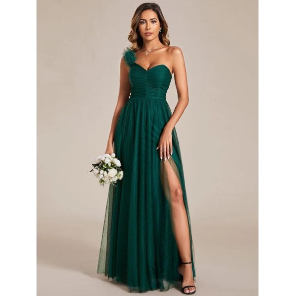 Exquisite One-shoulder Sweetheart Ruffled A-line Zipper Pleated High Slit Dark Green Tulle Party Dress