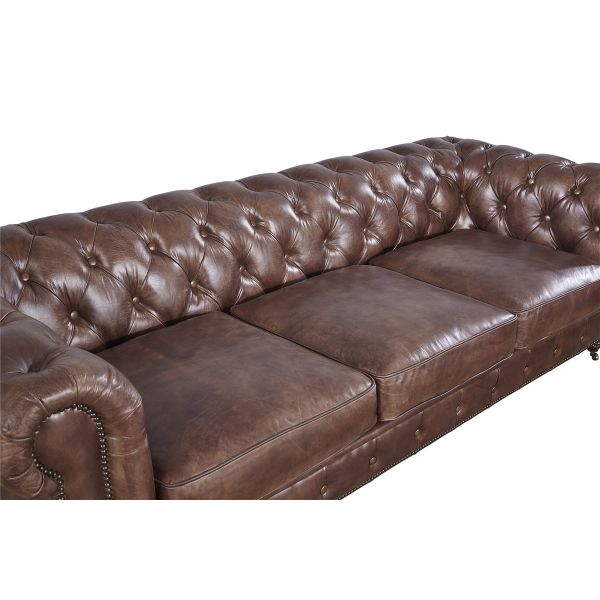Rolled Arms Three Seater Brown Leather Sofa , 100 Genuine Leather Couch Home Furniture