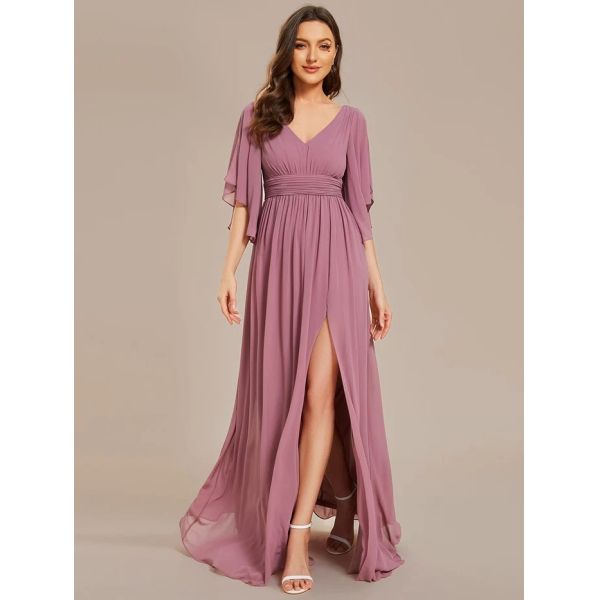 Plus Size A-line Half Sleeves V-neck Ruffled High Slit Purple Orchid Chiffon Evening Dress