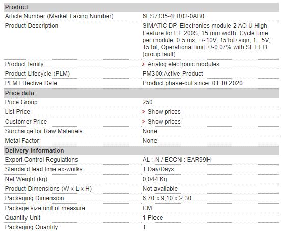 6ES7135-4LB02-0AB0 6ES7 135-4LB02-0AB0 Siemens Analog Output Module