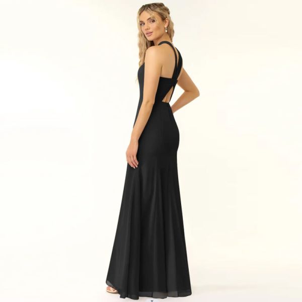 Unique Black Chiffon Bridesmaid Dress Front Split Slit A-Line Halter Keyhole Backless Mermaid Plus Size