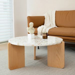 30in Marble Top Wood Base Coffee Table Patterned Marble Wooden Base