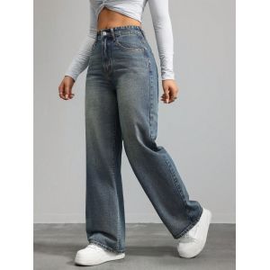 Prussian blue high-waisted straight-leg jeans for women