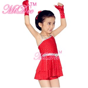Diagonal Neck Kids Dance Costumes Pink Blue Red Confetti Spandex Outfits