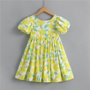 Girls Puff Sleeve Dress Short Sleeve Cotton Dress Summer Children's Clothing