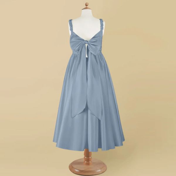 Wholesale Factory Lovely Blue Satin Flower Girl Dress A-Line Ruffles Tea-length Plus Size Sleeveless Children