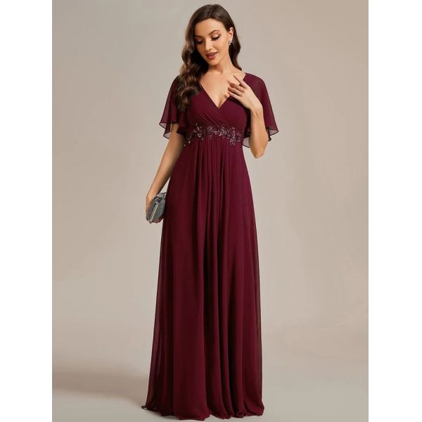 Sexy Empire Applique A-line Short Flutter Sleeves V-neck Invisible Zipper Burgundy Chiffon Prom Dress
