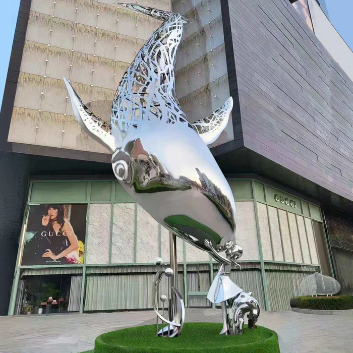 Urban Night Illuminated Stainless steel Whale Sculpture With Light