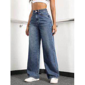Sky blue high-waisted straight-leg jeans for women