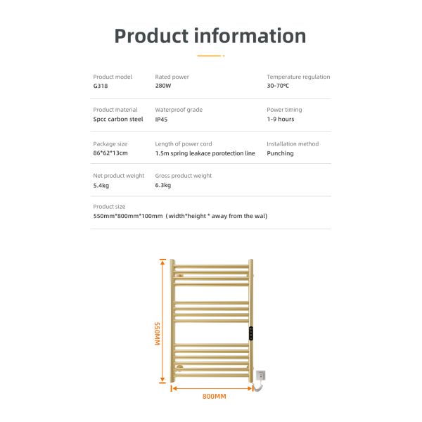 Stainless Steel 10 Bars HEATED Towel Rail Warmer Radiator for Smart Electric Water Heating