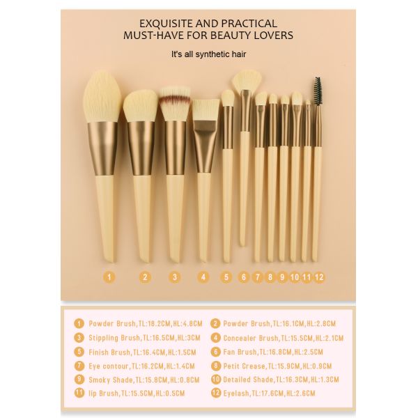 Yellow 12pcs Nano Wool Travel Makeup Brushes Set Nano Wool Travel Cosmetic Brushes
