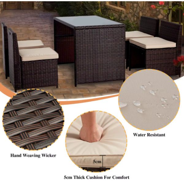 5 Piece Pe Rattan Furniture Dining Tables And Chairs Aluminum Waterproof Outside Patio Lounge Outdoor