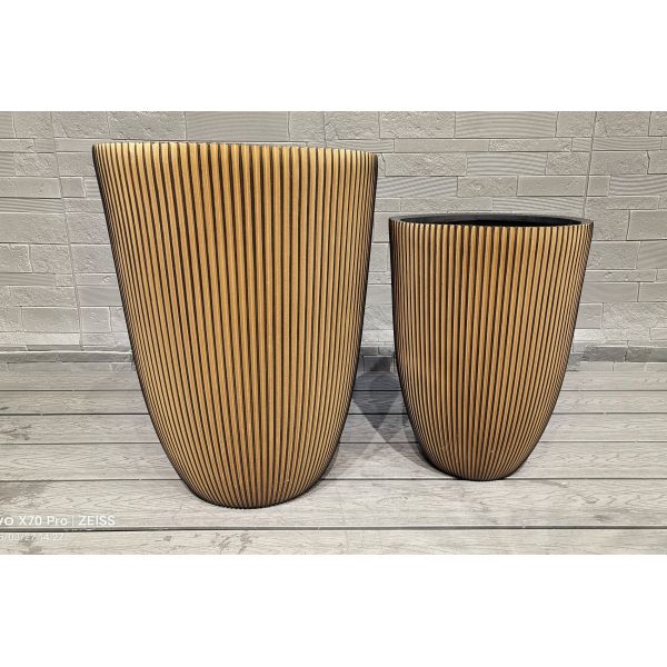 Tall Golden- Brown Hue Stripe Round Fiber Clay Planter Office Decoration Project