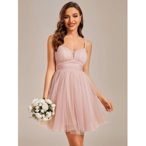 Unique Spaghetti Strap A-line Short Mini Pink Chiffon Graduation Dress