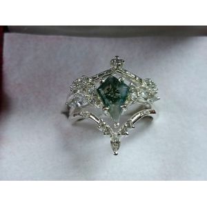 Natural Moss Agate Flower Shape Marquise Blossom CZ Wedding Cluster Ring