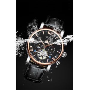 J030-4 KINYUED Mens Automatic Mechanical Watch Tourbillon Leather Waterproof