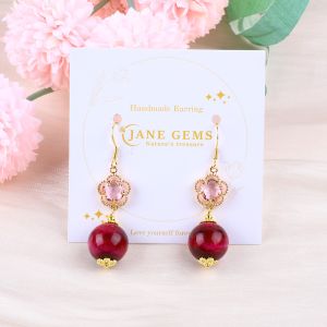 14MM Rose Red Tiger Eye With Pink Flower Charm Round Shape Short Drop Earring