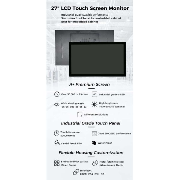 Custom 1920×1080 Rugged Touch Screen Monitor Android Wifi Wall Mount 27 Inch