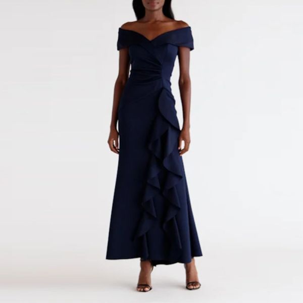 Factory Midnight Color Ruffle Off-the-Shoulder Evening Dress Short Sleeves Customized Size Mermaid