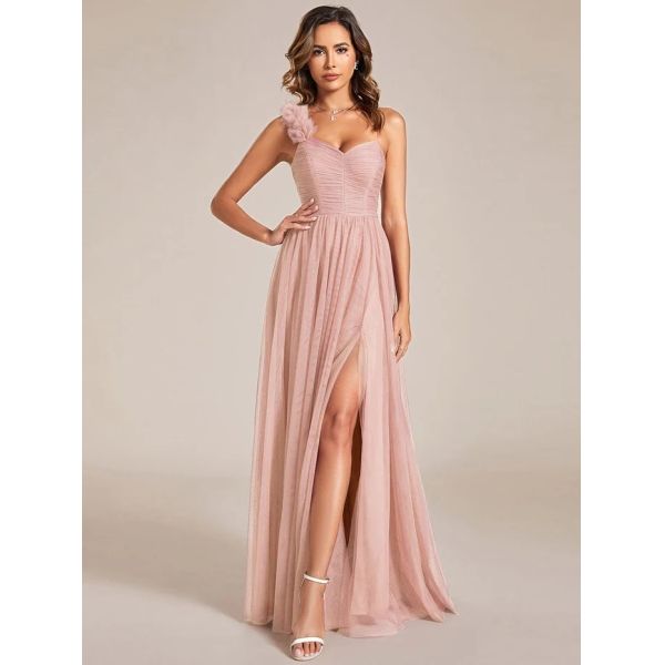 Exquisite One-shoulder Sweetheart Ruffled A-line Zipper Pleated High Slit Burnt Orange Tulle Evening Dress