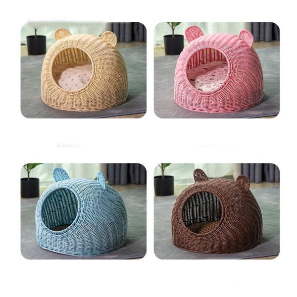 Cane Woven Cat Dog Nest Thickened Washable Closed Rattan Cat House For Summer