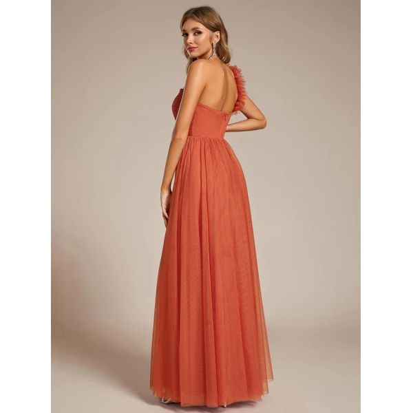 Exquisite One-shoulder Sweetheart Ruffled A-line Zipper Pleated High Slit Burnt Orange Tulle Evening Dress