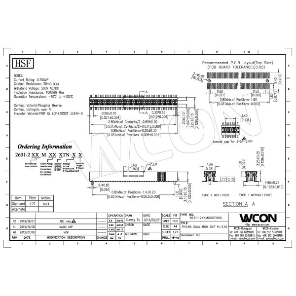 0.8mm 2*15P SMT WCON Female Header Connector Gold Flash For Electronics
