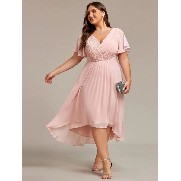 Empire Plus Size V-neck High-low A-line Short Sleeve Ruffled Sky Blue Chiffon Wedding Guest Bridesmaid Dress