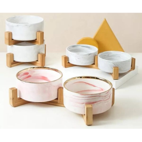 Buy Gorgeous Marble Pattern Dog Pet Feeders Ceramics Dog Feeding Bowl With Bamboo Wood Stand at wholesale prices