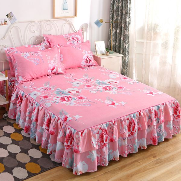 Modern Floral Plant Printed Bed Cover Fitted Lace Bed Skirt Sheets 3pcs Bedding Sets