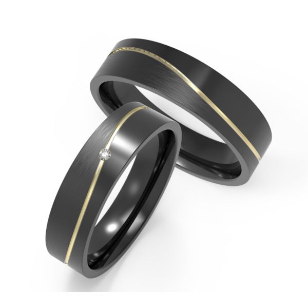Matte And Glossy Black Titanium Ring Wedding Band With Wavy K Gold Set Zircon